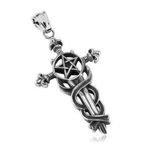 Patinovaný přívěsek, ocel 316L, velký liliový kříž s hady, pentagram