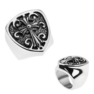 Patinovaný prsten z oceli 316L, erb s liliovým křížem, ornamenty - Velikost: 66