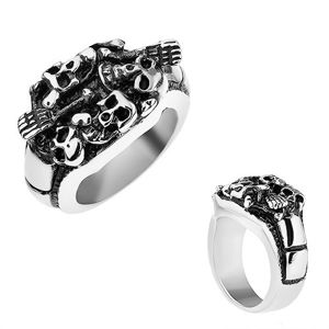 Patinovaný prsten z oceli 316L, stříbrná barva, vypouklé lebky a kosti - Velikost: 60