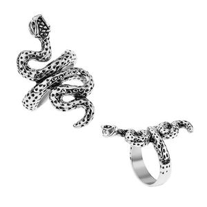 Patinovaný prsten z oceli, stříbrná barva, zvlněný had s tečkami - Velikost: 56