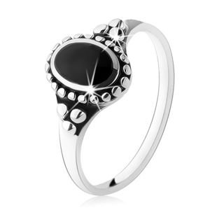 Patinovaný prsten ze stříbra 925, černý ovál, kuličky, vysoký lesk - Velikost: 57