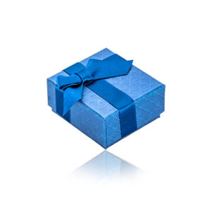 Perleťově modrá krabička na šperk - jemná čtverečková textura, saténová stuha s mašlí tmavomodré barvy