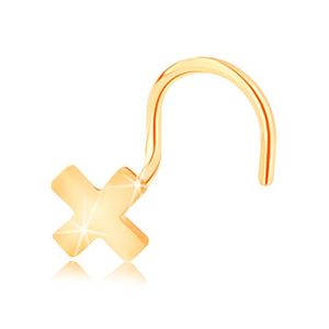 Piercing do nosu ve žlutém 14K zlatě - malé lesklé písmeno X, zahnutý