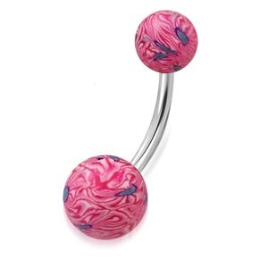 Piercing do pupíku - růžovo-bílé kuličky FIMO s abstraktním motivem