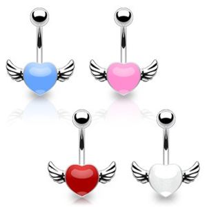 Piercing do pupíku z chirurgické oceli - barevné srdce s křídly - Barva piercing: Růžová