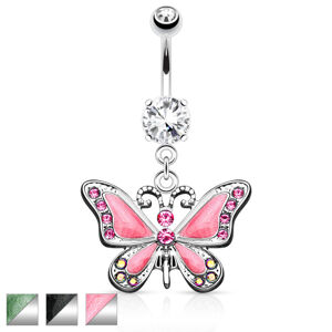 Piercing do pupíku z chirurgické oceli - visící motýl s perleťovou glazurou, zářivé zirkony, různé barvy - Barva: Růžová