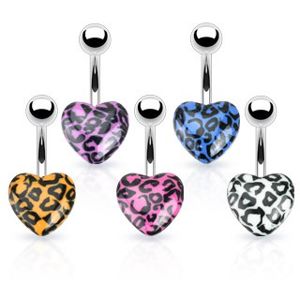 Piercing do pupíku z oceli - barevné srdce s leopardím vzorem - Barva piercing: Bílá