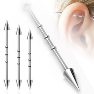 Piercing do ucha se třemi malými obručemi a hrotovým  zakončením - Délka piercingu: 35 mm