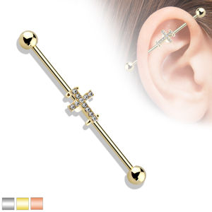 Piercing do ucha z chirurgické oceli - činka ukončená kuličkami, ozdobená křížkem s krystalky - Barva: Měděná