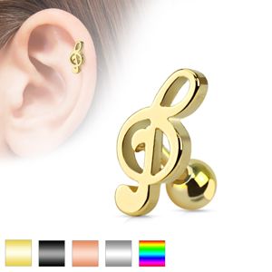 Piercing do ucha z chirurgické oceli - stříbřitý houslový klíč - Barva piercing: Zlatá