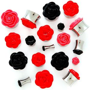 Plug do ucha s plastickou růžičkou - Tloušťka : 14 mm, Barva piercing: Červená
