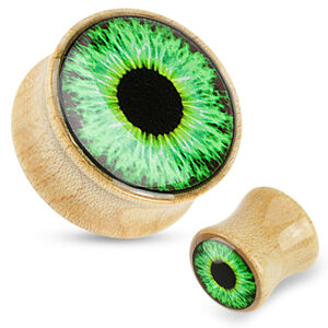 Plug do ucha ze dřeva - světle hnědá barva, průhledná glazura, zelené oko - Tloušťka : 14 mm