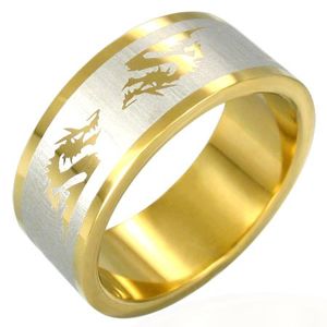 Pozlacený ocelový prsten - čínský drak - Velikost: 61