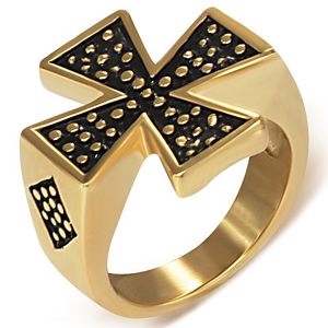 Pozlacený pečetní prsten z oceli - Maltézský kříž - Velikost: 59