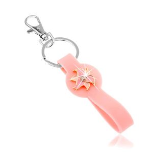Přívěsek na klíče, silikonová část růžové barvy, blyštivý květ