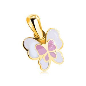 Přívěsek z 9K zlata - motýl s růžovo-bílou glazurou a zlatým lemováním křídel
