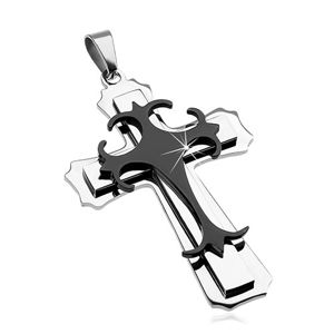Přívěsek z chirurgické oceli - velký kříž, kombinace černé a stříbrné barvy