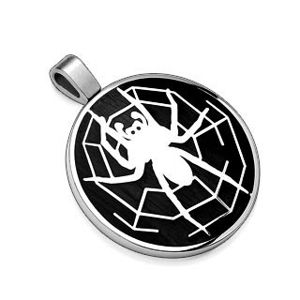 Přívěsek z oceli 316L, černý kruh s motivem pavouka s pavučinou