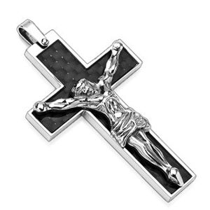 Přívěsek z oceli černý kříž a stříbrný Ježíš