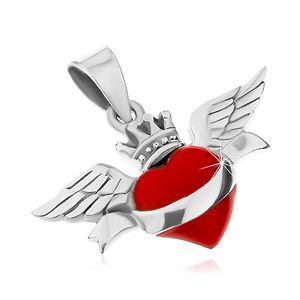 Přívěsek ze stříbra 925, červené srdce se stuhou, korunkou a křídly