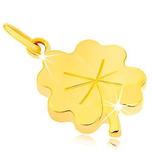 Přívěsek ze žlutého 9K zlata - lesklý plochý čtyřlístek pro štěstí, rýhy