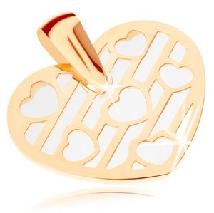 Přívěsek ze žlutého 9K zlata - srdce zdobené výřezy, podklad z perleti