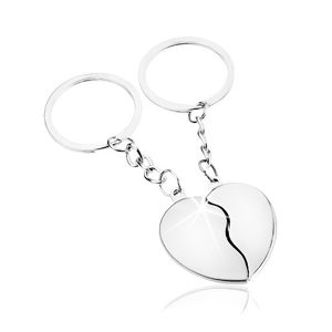 Přívěsky na klíče pro pár, stříbrný odstín, rozdělené srdce - dvě poloviny