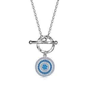 Provlékací stříbrný náhrdelník 925 - kruh s čirými a modrými zirkony, neprůhledný tyrkysový zirkonový květ