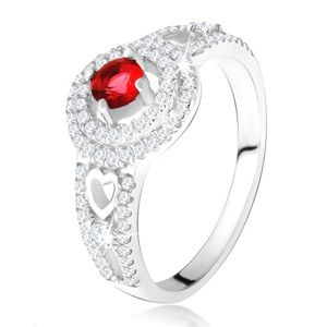 Prsten - červený kamínek s dvojitým zirkonovým lemem, srdce, ze stříbra 925 - Velikost: 59