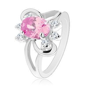 Prsten s broušeným oválným zirkonem v růžové barvě, lesklé obloučky - Velikost: 58