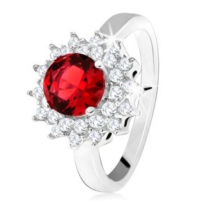 Prsten s červeným kulatým kamenem a čirými zirkonky, sluníčko, stříbro 925 - Velikost: 54