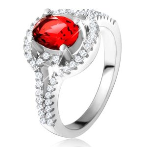 Prsten s červeným oválným zirkonem, rozdvojená zaoblená ramena, stříbro 925 - Velikost: 59