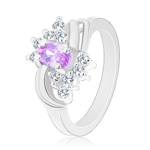 Prsten s lesklými rameny, světle fialový oválný zirkon, dva páry oblouků - Velikost: 54