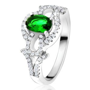 Prsten s oválným zeleným kamenem, čirý kruh, kapky, ze stříbra 925 - Velikost: 55