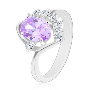 Prsten s oválným zirkonem ve světle fialovém odstínu, třpytivý čirý oblouček - Velikost: 57