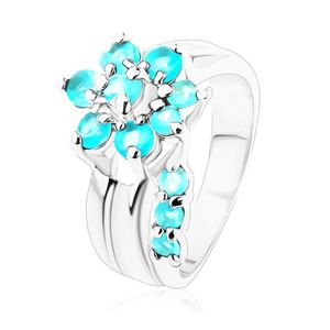 Prsten s rozdělenými rameny, květ se stonkem v akvamarínové barvě - Velikost: 49