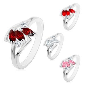 Prsten s rozdělenými rameny stříbrné barvy, tři barevná broušená zrnka - Velikost: 59, Barva: Červená