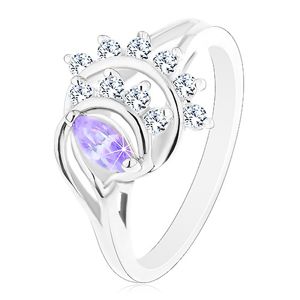 Prsten s rozdělenými rameny, světle fialové zrnko, oblouky z čirých zirkonů - Velikost: 60