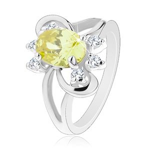 Prsten s rozdělenými rameny, žlutozelený zirkonový ovál, čiré zirkonky - Velikost: 50