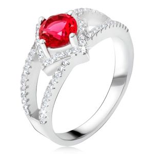 Prsten s rozdvojenými rameny, červený kámen, čtverec, stříbro 925 - Velikost: 62