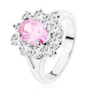 Prsten s rozdvojenými rameny, růžový zirkonový ovál, čiré lemování - Velikost: 55