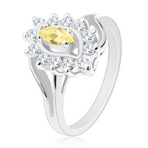Prsten s rozdvojenými rameny, světle žluté zrnko, lem čiré barvy - Velikost: 55
