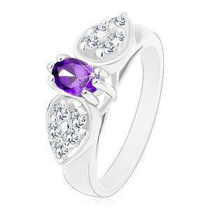 Prsten s rozšířenými rameny, čirá zirkonová mašlička s fialovým oválem - Velikost: 52