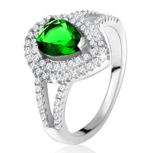 Prsten se zeleným slzičkovitým kamenem, dvojitý čirý lem, stříbro 925 - Velikost: 51