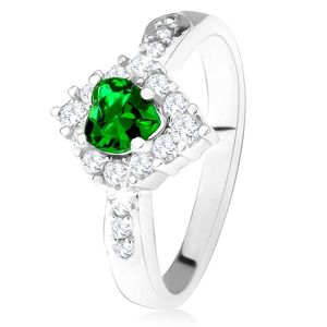Prsten se zeleným srdcovým zirkonem, čirý kosočtverec, stříbro 925 - Velikost: 50