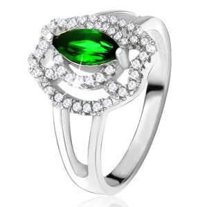 Prsten se zeleným zrníčkovitým kamenem, zirkonové oblouky, stříbro 925 - Velikost: 58