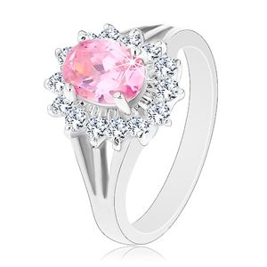 Prsten se zirkonovým květem v růžové a čiré barvě, rozdělená ramena - Velikost: 51