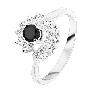 Prsten se zúženými rameny, kulatý černý zirkon, čiré zirkonové oblouky - Velikost: 54