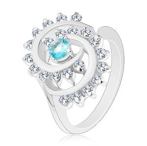 Prsten se zúženými rameny, kulatý zirkon ve světle modré barvě, spirála - Velikost: 52