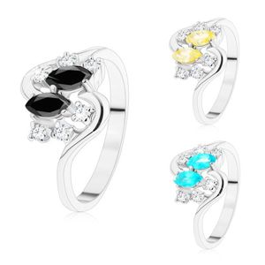 Prsten se zvlněnými rameny, stříbrný odstín, barevná zrnka a čiré zirkony - Velikost: 50, Barva: Aqua modrá